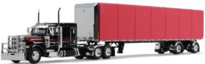 1/64 (S) Scale - Black/Red Peterbilt Model 379 with 63" Flat Top Sleeper & 53' Utility Roll Tarp Trailer